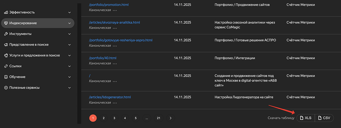 Выгрузка проиндексированных страниц из Вебмастера